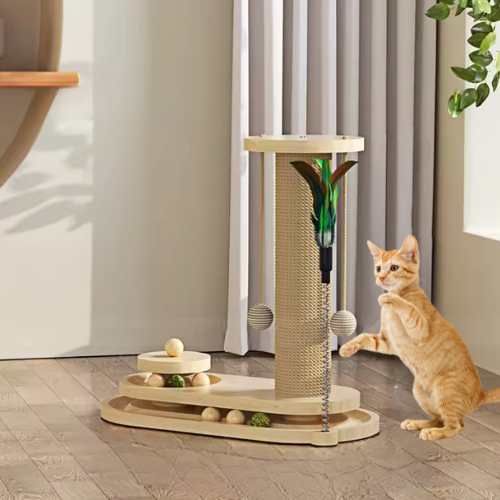 Katten Krabpaal Met Speelballen – Interactieve Krabzuil 40cm Hoog met Veren & Draaibare Basis
