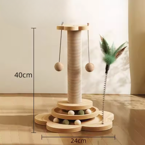 Katten Krabpaal Met Speelballen – Interactieve Krabzuil 40cm Hoog met Veren & Draaibare Basis