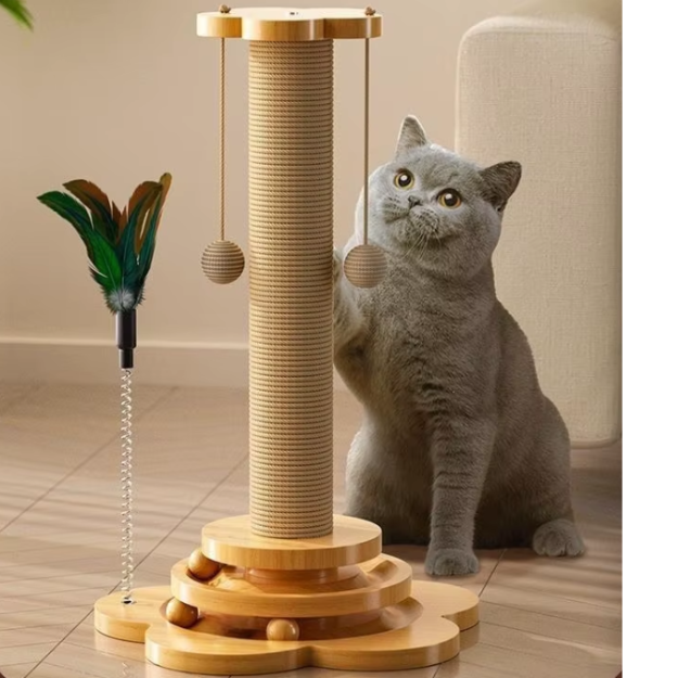 Katten Krabpaal Met Speelballen – Interactieve Krabzuil 40cm Hoog met Veren & Draaibare Basis