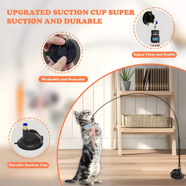 Interactive Cat Teaser Toy with Bell and Feather Wand – Long Suction Cup Pole
