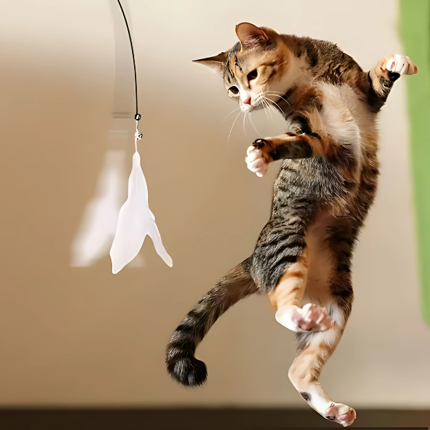 Interactive Cat Teaser Toy with Bell and Feather Wand – Long Suction Cup Pole