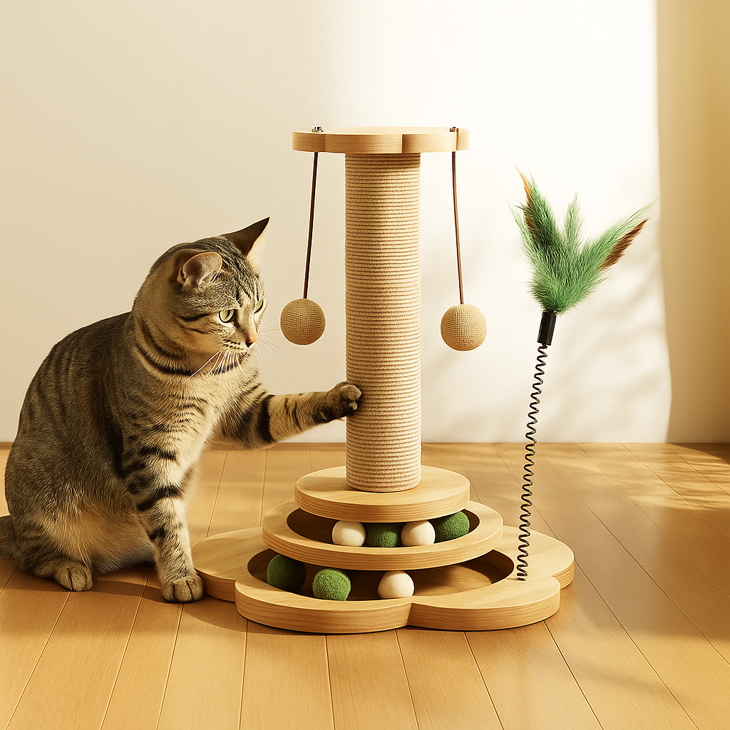 Katten Krabpaal Met Speelballen – Interactieve Krabzuil 40cm Hoog met Veren & Draaibare Basis
