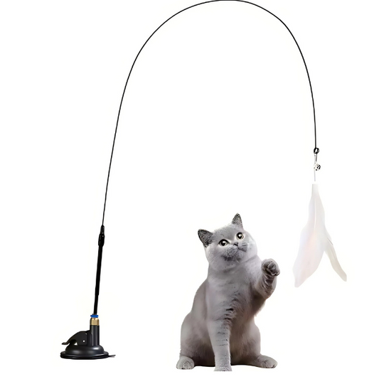 Interactive Cat Teaser Toy with Bell and Feather Wand – Long Suction Cup Pole 