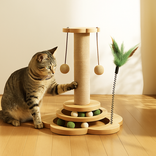 Katten Krabpaal Met Speelballen – Interactieve Krabzuil 40cm Hoog met Veren & Draaibare Basis